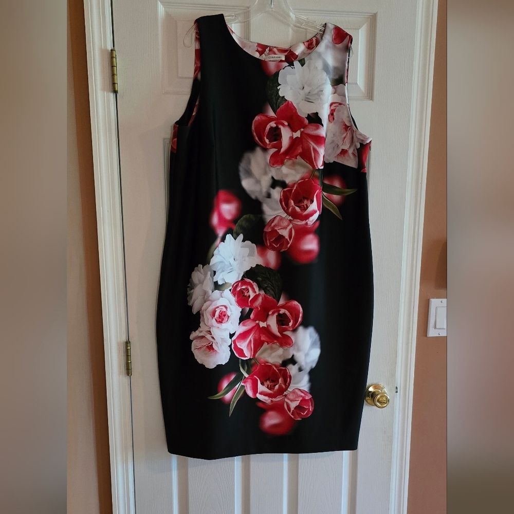 Calvin Klein Black Sleeveless Dress with Red and White Floral Design